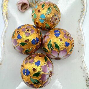 Champlevé Cloisonne 4 Gold Beads 25 MM Blue Green White Pink Flower